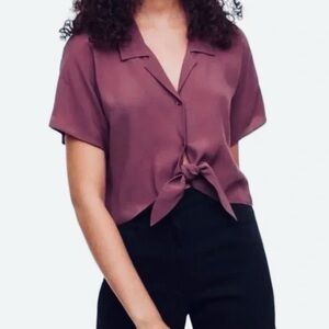 Aritzia Wilfred Free The Tie Front Blouse Crop Top Maroon Small EUC